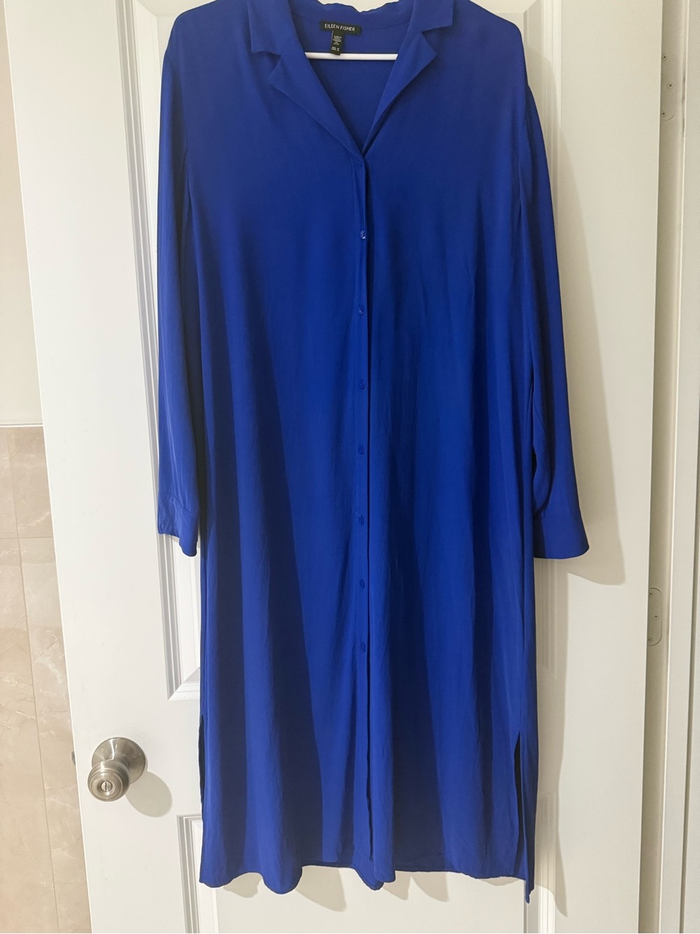 Silk Lightweight Eileen Fisher Cobalt Blue Midi Button-Front Shirt Dress Medium